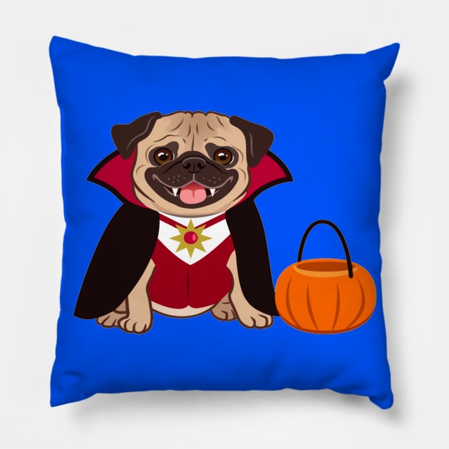 Halloween pug dog in vampire costume cartoon illustration. Cute friendly fat chubby fawn sitting pug puppy, smiling with tongue out. Pets, dog lovers Pillow by amramna