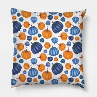 Pretty Blue & Orange Pumpkin Pattern on a White Background Pillow