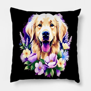 Cute Golden Retriever Surrounded by Beautiful Flowers Pillow