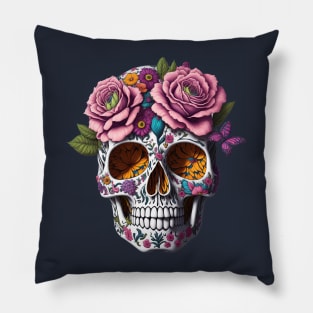 Funny Sugar Candy Skull With Flowers Pillow