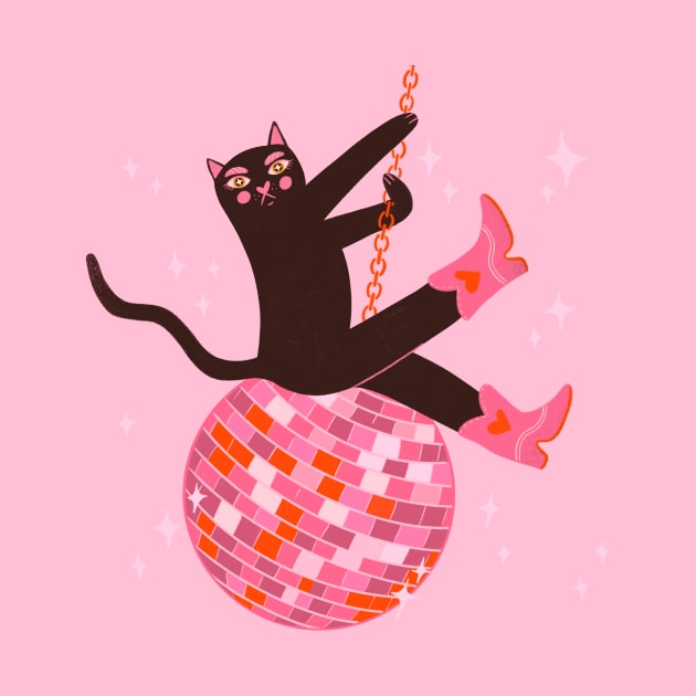 Yeehaw! Lets Party! Cute Cat in cowboy boots riding disco ball illustration by WeirdyTales