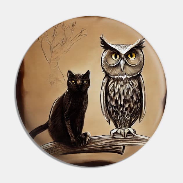 A Black Cat and an Owl, Friends Pin by fistikci