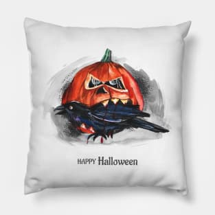 Happy Halloween Pumpkin Eating Raven Pillow