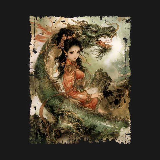 Vietnamese Girl with Dragon Traditional Art by Vlaa