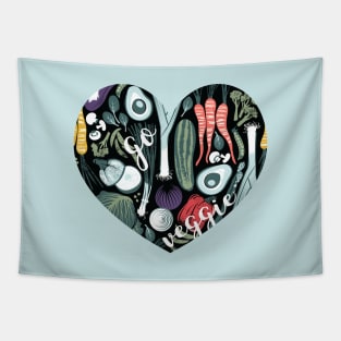 Go veggie // heart print // black background pine and mint vegetables Tapestry