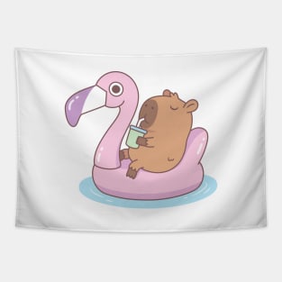 Cute Capybara Chilling On Pink Flamingo Pool Float Tapestry