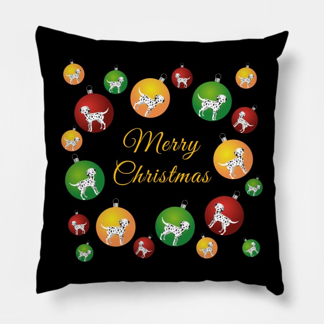 Dalmatian Dog inside Colorful Xmas Ornament Baubles with Merry Christmas Sign Pillow by Seasonal Dogs