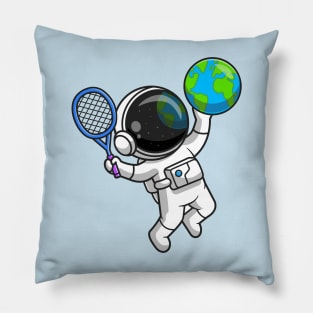 Cute Astronaut Playing Earth Globe Tennis Cartoon Pillow