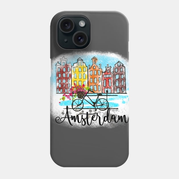 Amsterdam skyline. Spring view with houses and bicycle with flowers in the basket Phone Case by Orangerinka