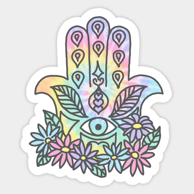 Tie Dye Pastel Neon Flower Crown Hamsa Yin Yang Trendy Hippie Print - Hamsa - Sticker