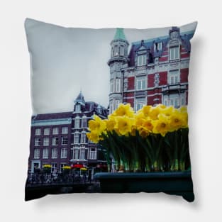 Tulip Flower on Amsterdam city landscape Pillow