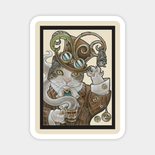 Steampunk Cat -Tea Party with Bat -Charoal Outline Magnet