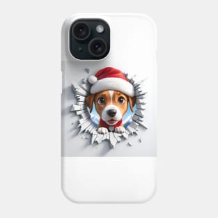 A Cute Dog Wearing  Christmas Hat Peeking Through A Hole In The Wall Phone Case