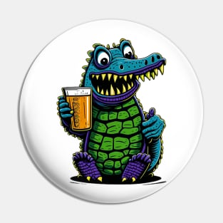 Cartoonish croc with beer mug Pin