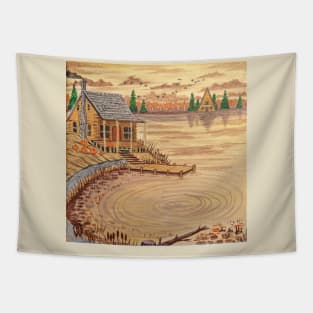 Cabin at the Lake in the Fall Season Tapestry