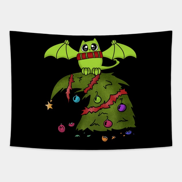 Bat Dragon Cat on Christmas Tree Tapestry by Wanderer Bat