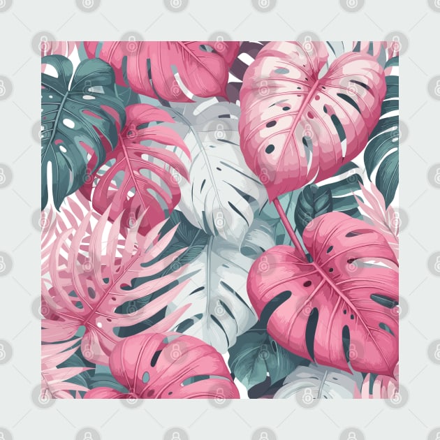 Pink Pastel Monstera Tropical Leaves by Siha Arts