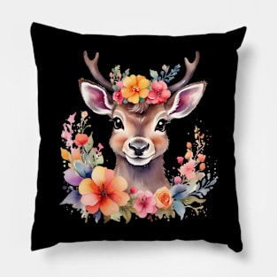 A baby deer decorated with beautiful watercolor flowers Pillow