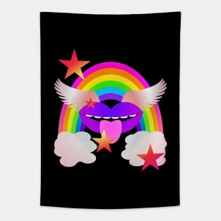 Groovy Winged Lips, Rainbow & Stars - PURPLE Tapestry