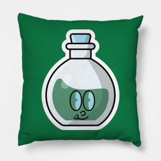 Potion Bottle with Cartoon Character Sticker vector illustration. Science object icon concept. Handsome cartoon with Potion sticker vector design. Cartoon character drink design. Pillow