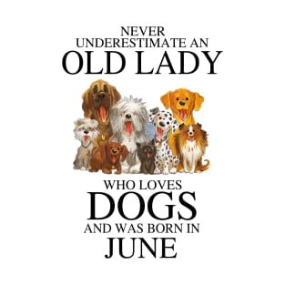 Never Underestimate An Old Lady Who Loves Dogs And Was Born In June T-Shirt