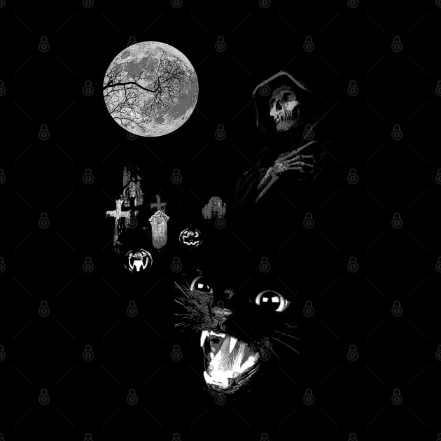 Spooky Moon Halloween Cemetery with Black Cat, Tombstones and Grim Reaper by Occult Designs