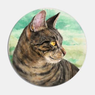 Painting of a Gray Cat with Stripes Looking to the Right, Green Yellow Background Pin