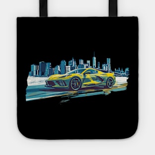 Yellow C8 Corvette Supercar Racecar New York Skyline Muscle Car sportscar Accelerate Yellow Corvette C8 Tote