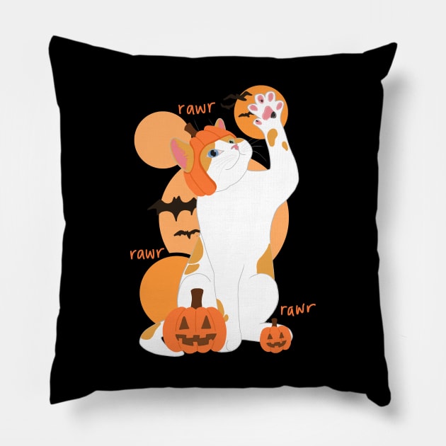 HALLOWEEN PUMPKIN WHITE ORANGE CAT Pillow by ulricartistic