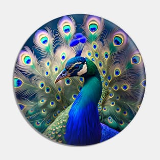 Gorgeous peacock with teal and gold plumage Pin