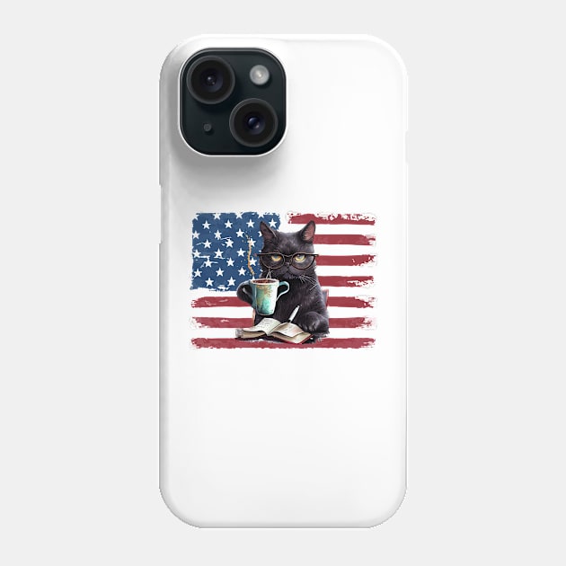 Black cat reading books 4th of july Phone Case by hnmarart