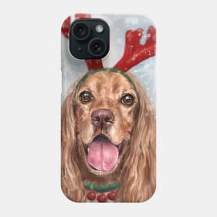 Painting of a Smiling Cocker Spaniel with a Reindeer Headpiece Antlers Costume in the Snow Phone Case