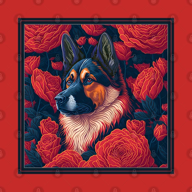 Dogs, shepherd dog and flowers, dog, seamless print, style vector (Black & red version shepherd dog) by xlhombat