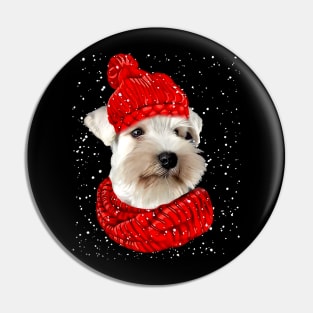 Miniature Schnauzer Wearing Red Hat And Scarf Christmas Pin