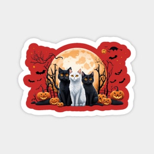 "Harmonious Halloween: Cat Lovers Under the Big Full Moon with Black and White triple cats" Magnet