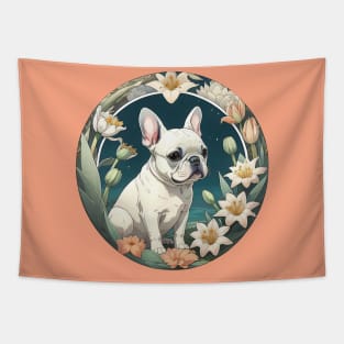 White Frenchie With Lilies Tapestry