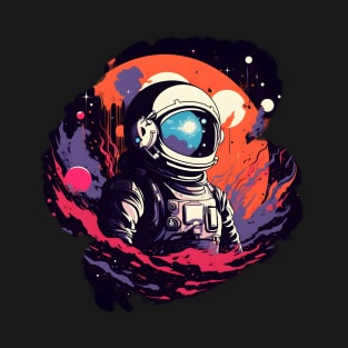 Celestial Odyssey: Abstract Astronaut in Neon Expanse T-Shirt