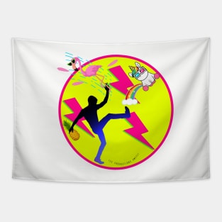 Kick The Coolest Unicorn & Rainbow with Pink Flamingo & Pink Lightning | 80s-90s style Neon colors Tapestry