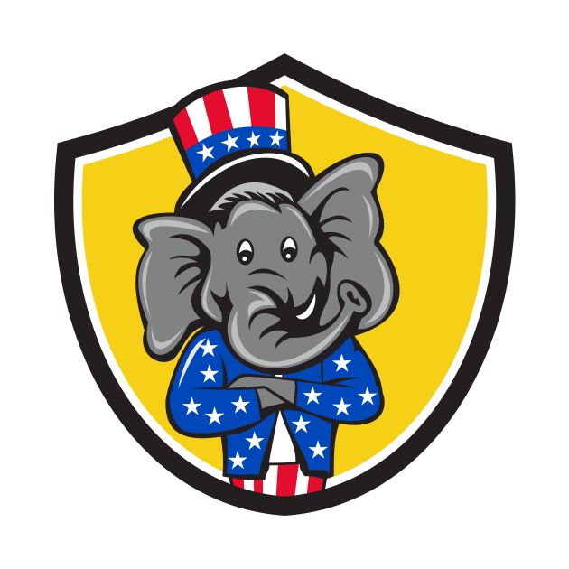 Republican Elephant Mascot Arms Crossed Shield Cartoon by retrovectors