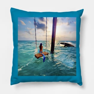 Mermaid on a Swing in the Ocean with Whale Breaching Pillow