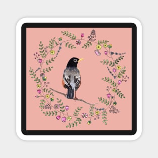 American Robin with Flower Wreath and coral background Magnet