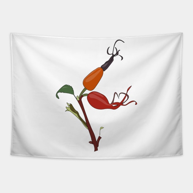 Rose hips on a branch with a green leaf Tapestry by Mardi 