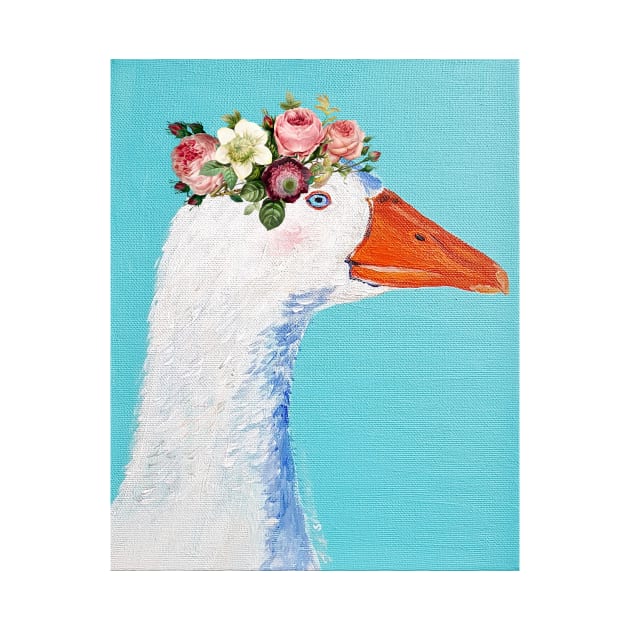 White goose in roses flower crown farmers gift by Orangerinka