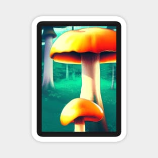 2 SURREAL MUSHROOMS IN A GREEN FOREST WITH MOUNTAIN Magnet