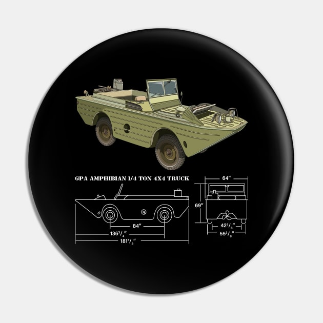 GPA Amphibian 1/4 ton 4x4 WW2 American Amphibious Truck Diagram and Blueprint Gift Pin by Battlefields