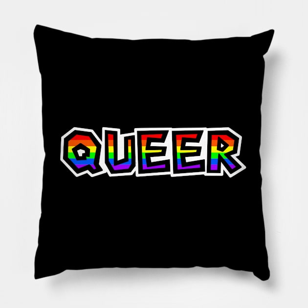 Queer Pride - Rainbow Flag Text - LGBTQ - Queer Pillow by Bleeding Red Pride