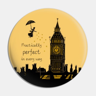 Mary Poppins Practically Perfect in Every Way Linocut on Yellow Pin