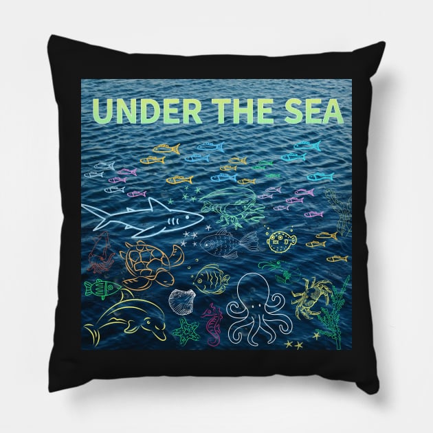 under the sea,blue sea,sea creatures,Turtle, puffer fish, starfish, shrimp, shark, tropical fish, sea horse, seaweed, sardines, squid, crabs, clams Pillow by zzzozzo