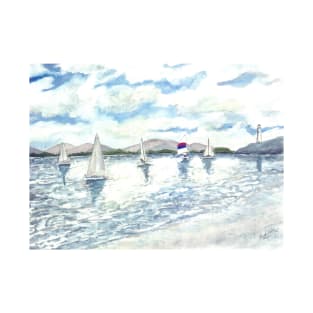 sailboats sailing seascape beach watercolour painting art print T-Shirt