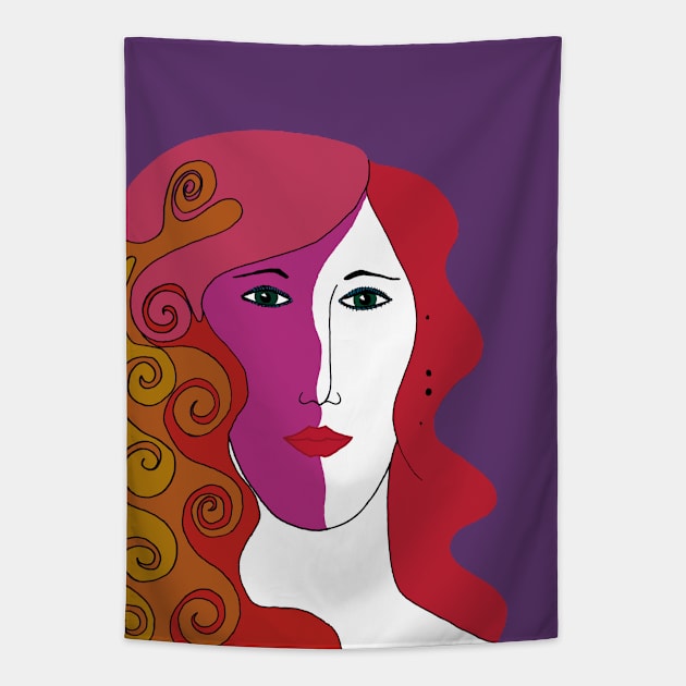 Woman's Face with Red, Pink and Orange Colored Hair Tapestry by karenmcfarland13